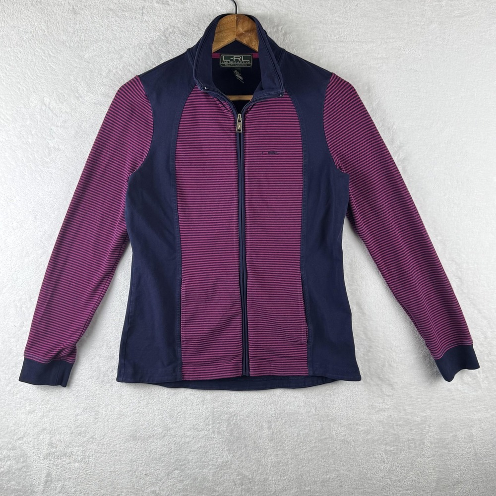 Lauren‎ Ralph Lauren Jacket Womens Medium Blue Striped Full Zip Lauren Active